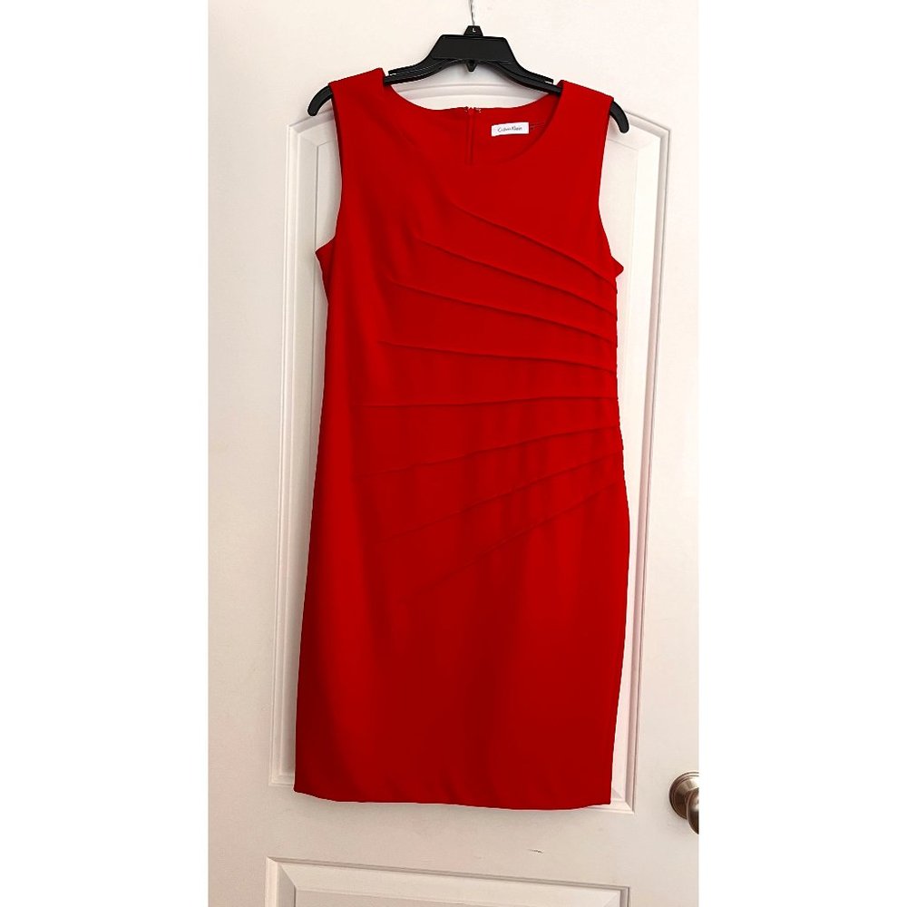 Calvin Klein Red Cocktail Party Sheath Dress w/ pleated design Sz 10